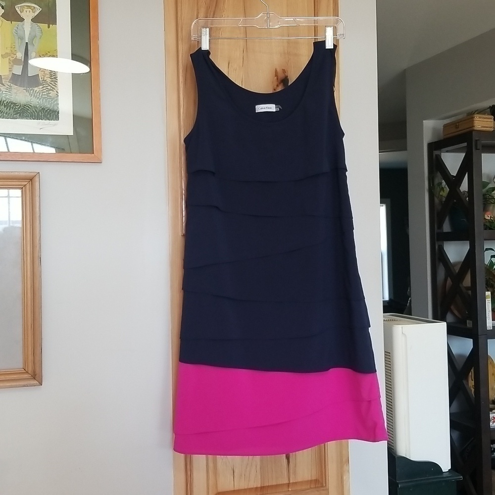 Calvin Klein Navy and Pink Sheath Dress Size 4 Flounce Layer Detail